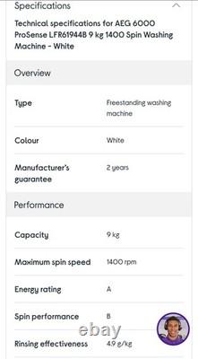 AEG LFR61944B 9kg 1400rpm Washing Machine brand new unused sealed