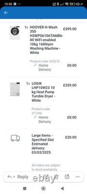 HOOVER H-Wash 350 H3WPS6106TAMB6-80 WiFi-enabled 10kg 1600rpm Washing Machine