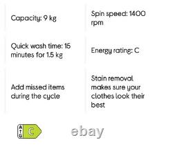 Hisense WFQP9014EVM 9Kg Washing Machine 1400 RPM C Rated White Inverter Steam