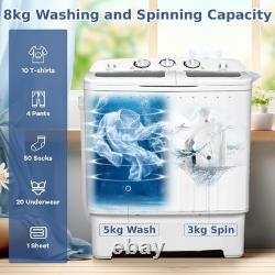 Machine à laver portable à double cuve 8 kg avec essoreuse et tuyau de vidange, gris